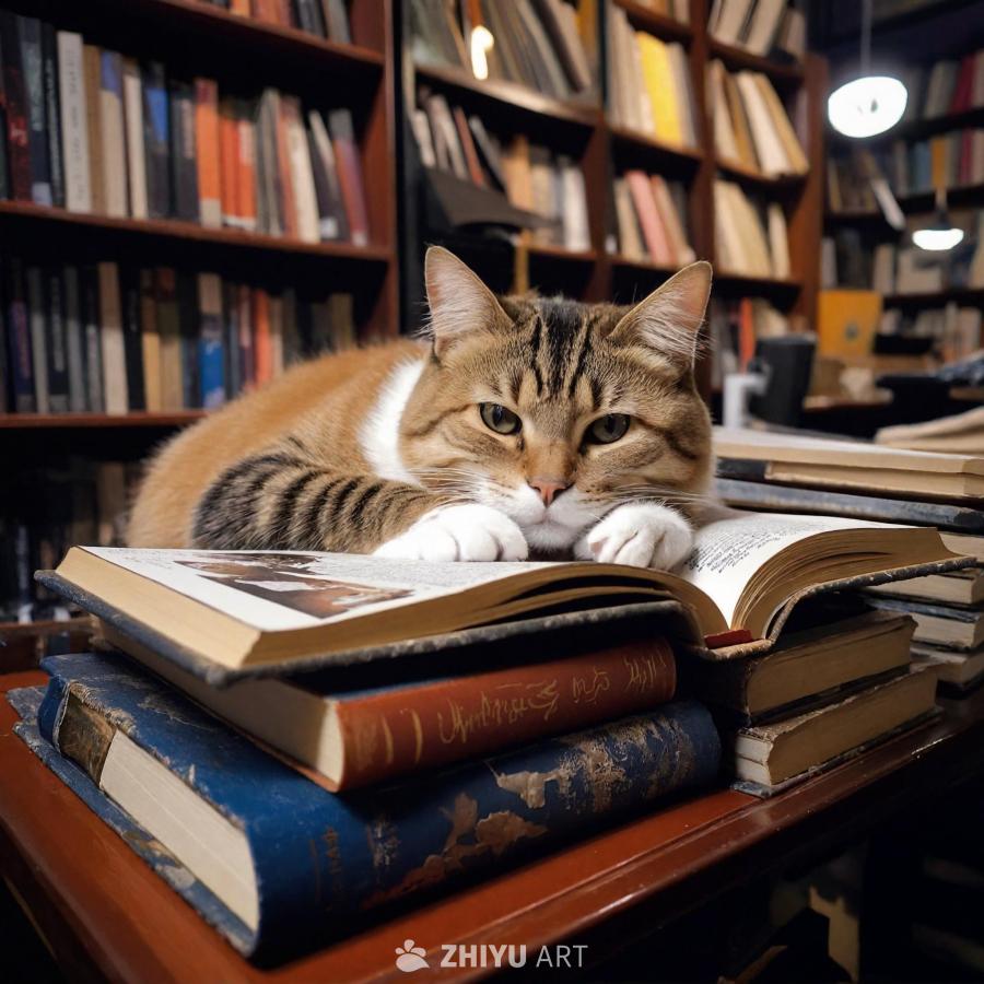 一只猫咪趴在一摞书上，似乎在阅读。猫咪的毛色是棕色