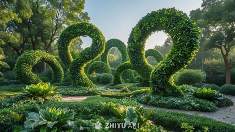 郁郁葱葱的花园里装饰着令人惊叹的、错综复杂的植物雕