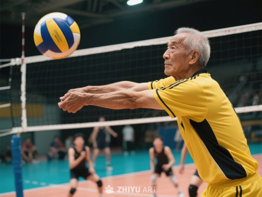 老年男子排球场上专注接球 217