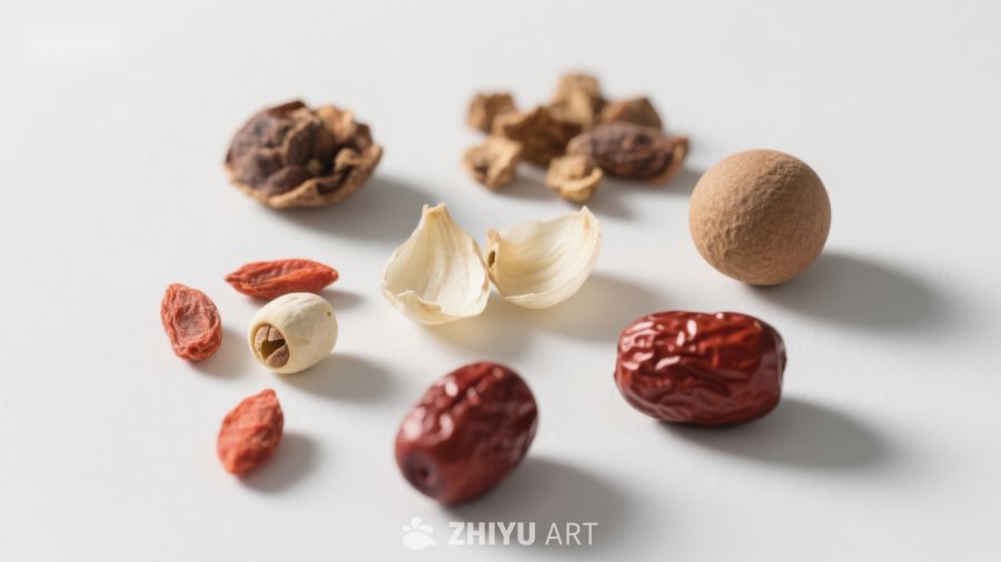 多种干果与坚果的静物展示