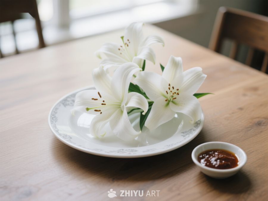 白色百合花置于盘中，桌上点缀小碟酱料 15