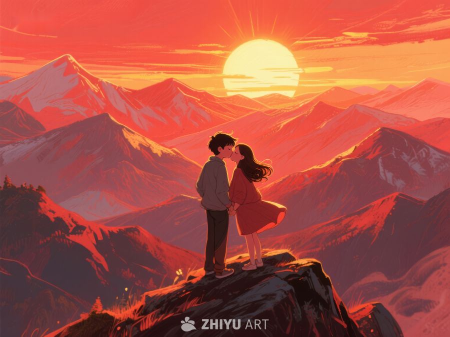 山巅情侣共赏夕阳美景 598