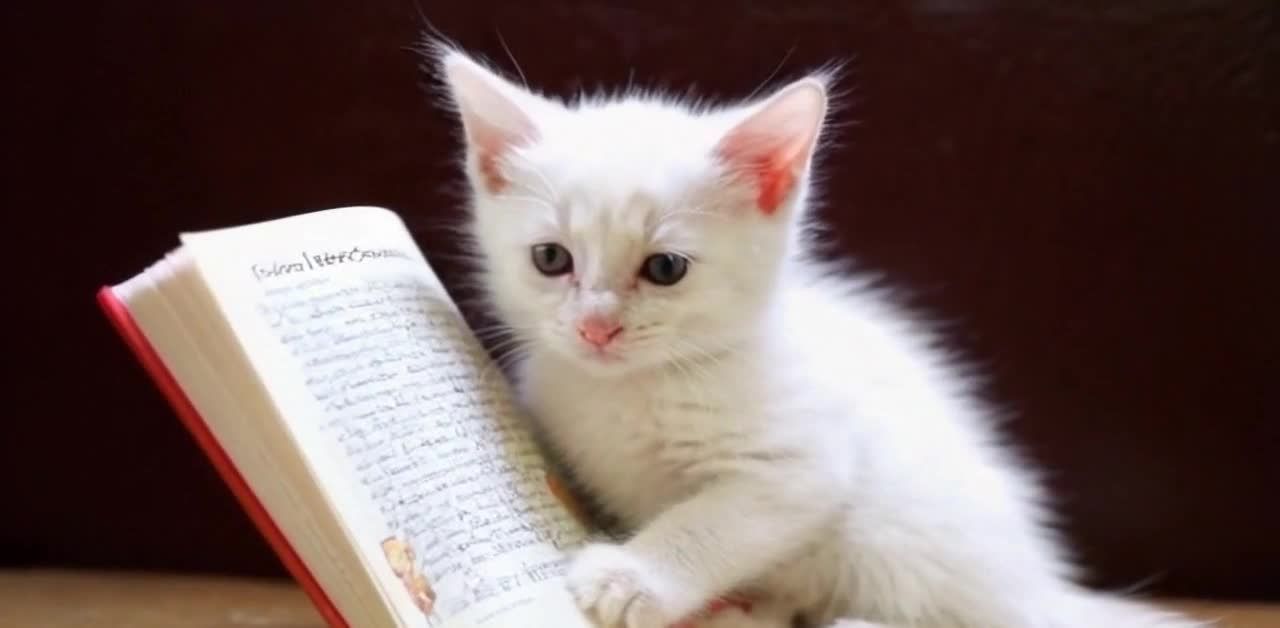 白色小猫阅读红色书脊书籍