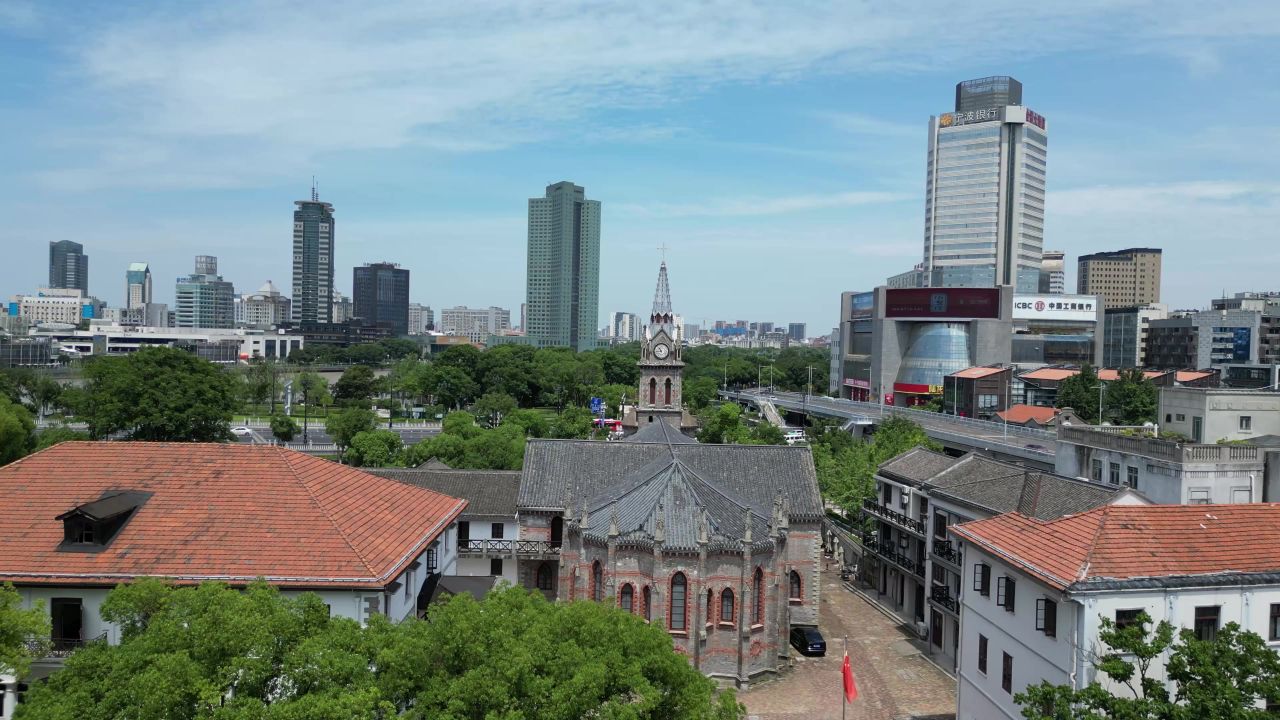 航拍浙江宁波老外滩