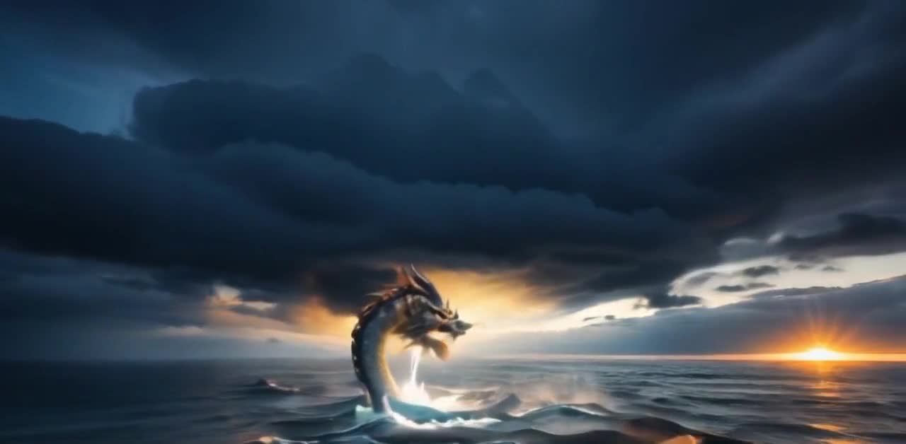 海面龙卷风伴闪电乌云压顶日落景观波涛汹涌