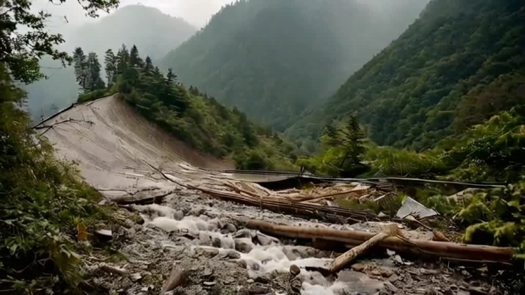 一条泥土滑坡倾斜而下，滑坡覆盖了部分道路，大量树木