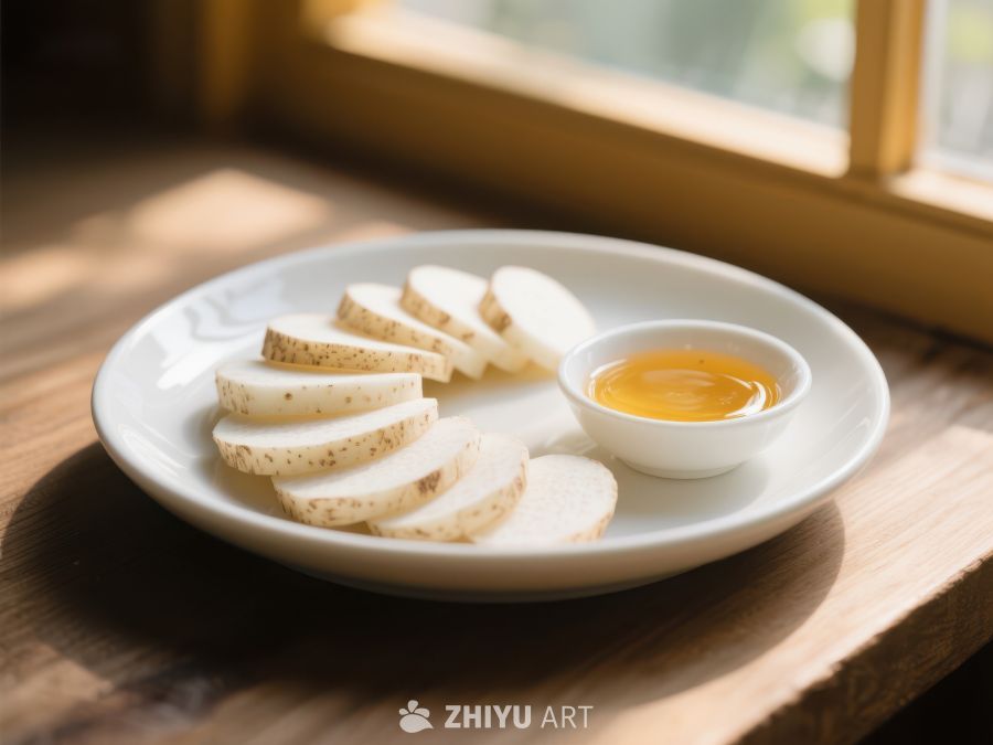 切片山药配酱碟，窗边静物 337