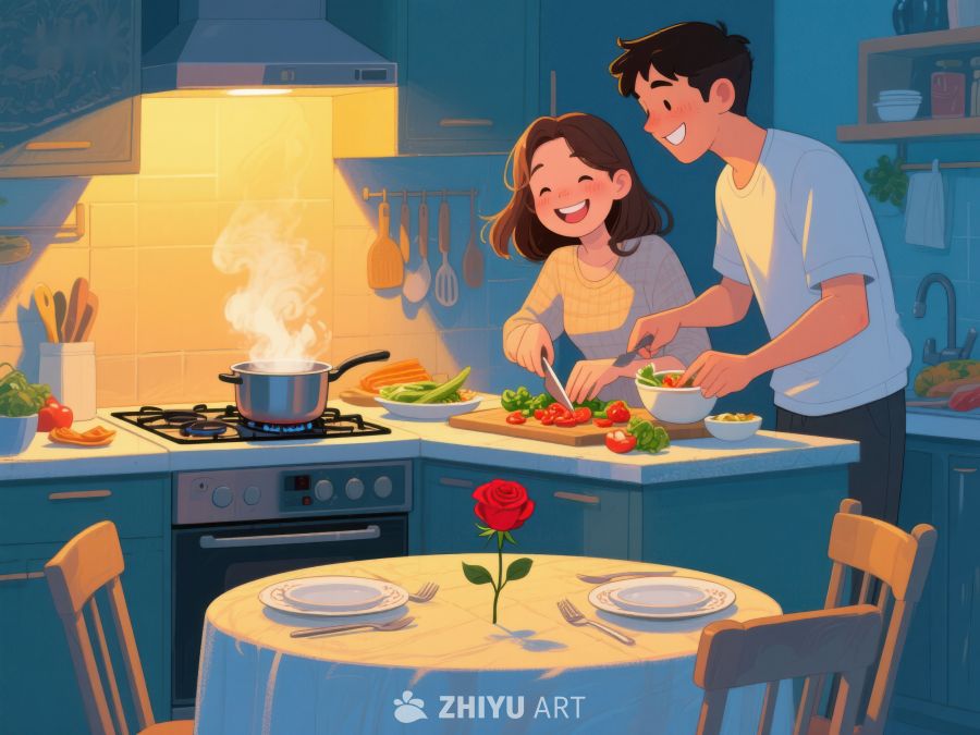 温馨厨房里的浪漫晚餐准备 721