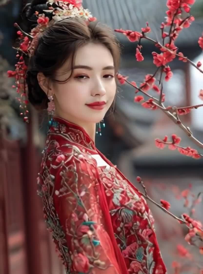 古典美人着红衣赏花，庭院古建筑背景。