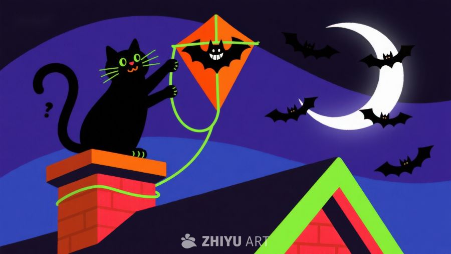 黑猫屋顶放蝙蝠风筝