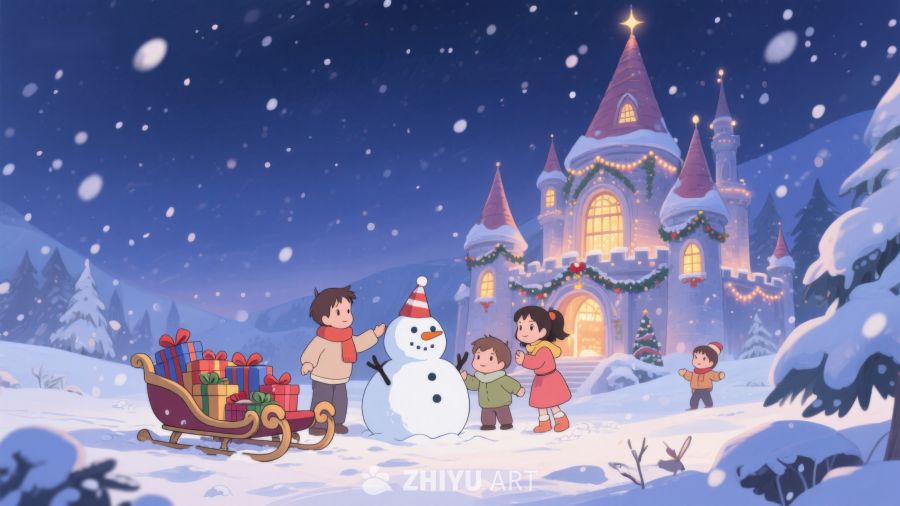 冬夜城堡前的欢乐雪人场景 21
