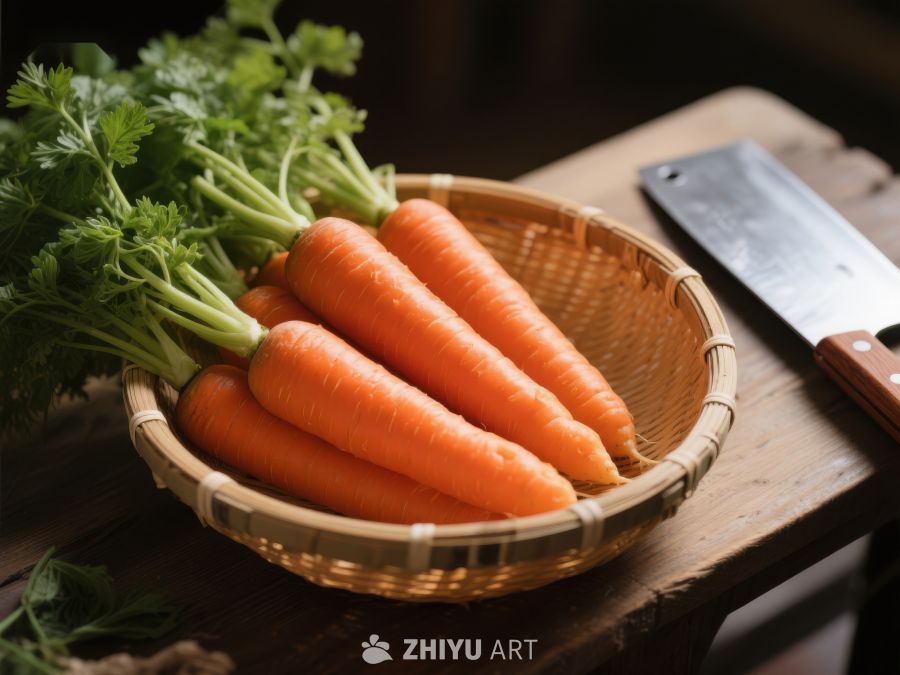 新鲜胡萝卜置于竹篮中 477