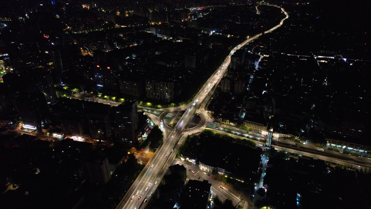 浙江杭州城市夜景灯光交通车两行驶航拍 