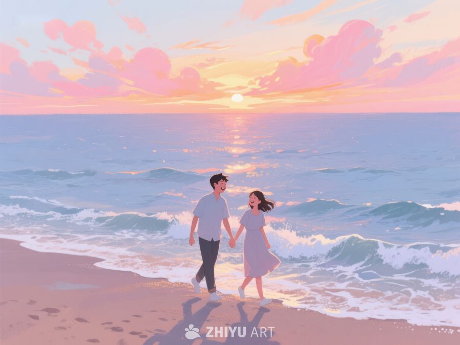 海滩漫步的浪漫情侣 286