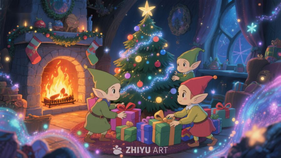 精灵围绕圣诞树庆祝节日 129