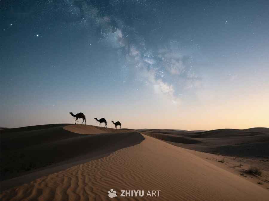 沙漠夜景：骆驼行进在星空下 75