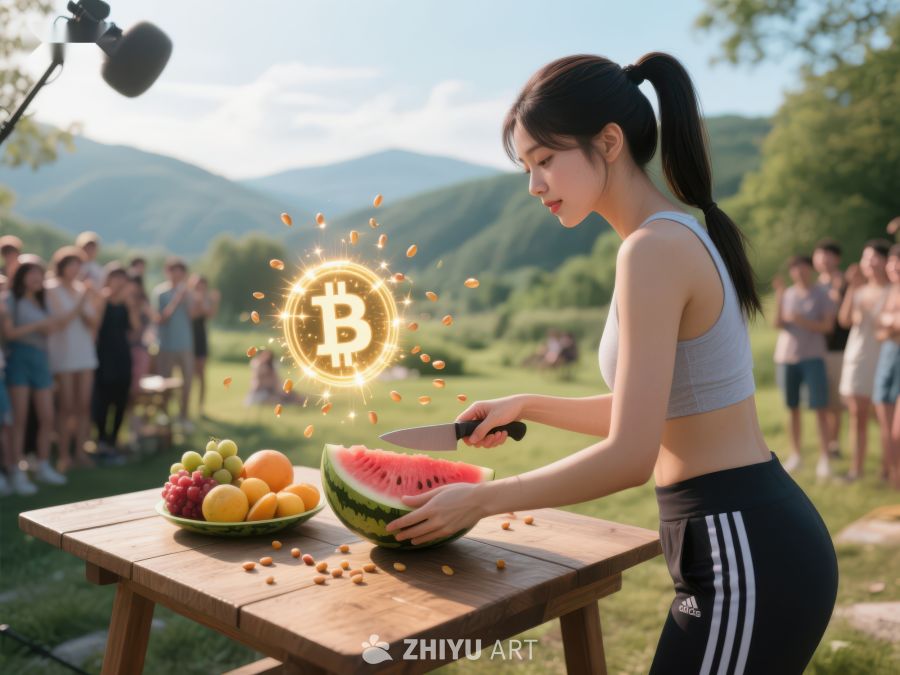 女子户外切西瓜，金色比特币图案环绕 315