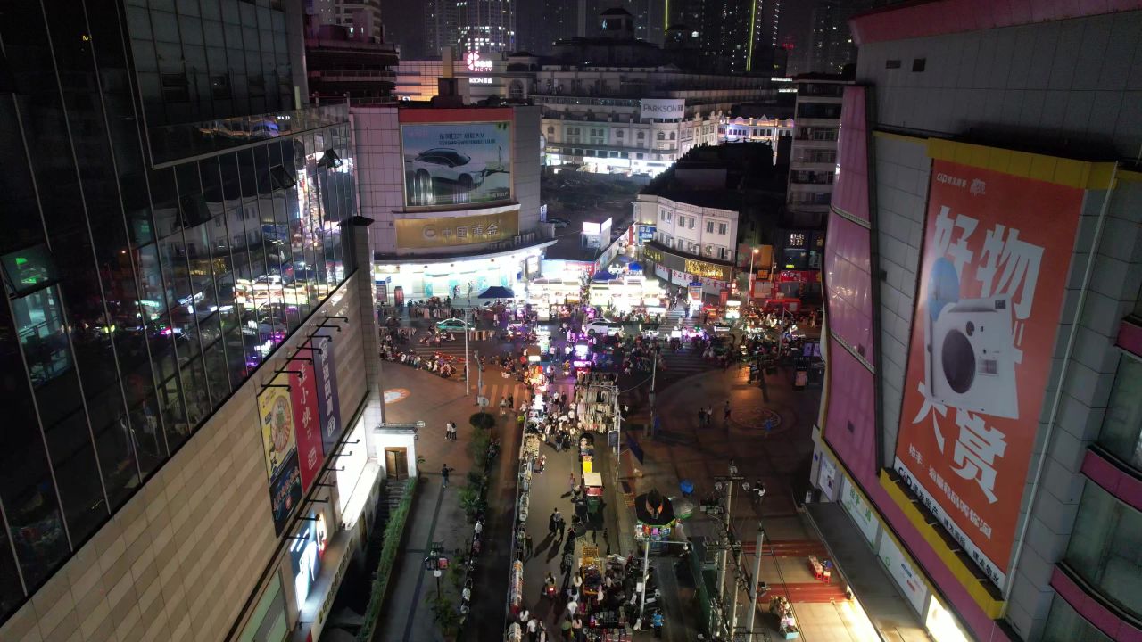 广西南宁城市夜市摊街景人流航拍