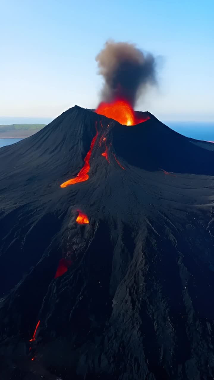 一座位于岛上的巨大火山喷发出巨大的红色熔岩流。从视