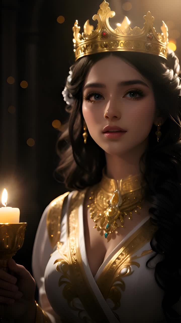一个身穿白色连衣裙的女子，头戴金色王冠，留着长长的