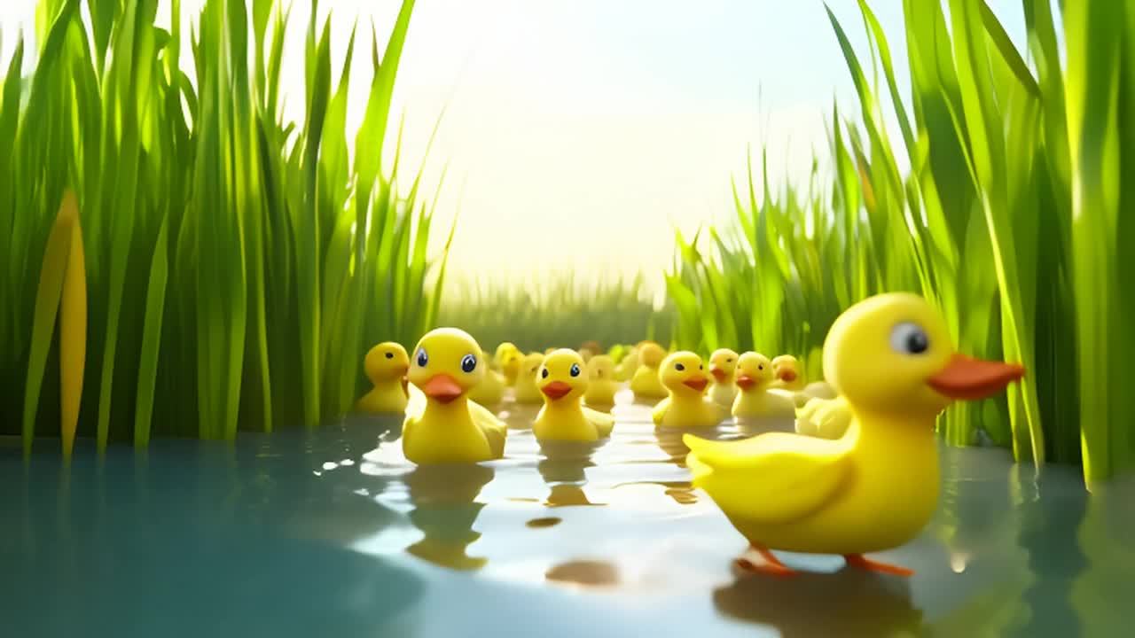 一群小鸭子正在探索水边的芦苇。它们穿过又高又绿的芦
