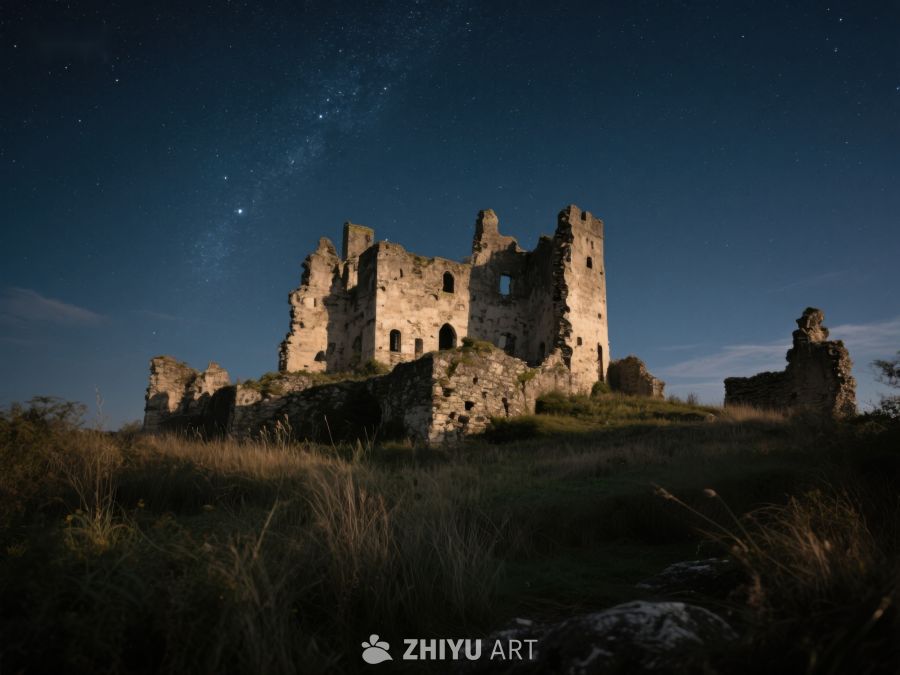 夜空下的古老城堡遗迹 326