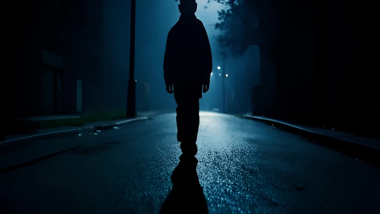一个男孩独自走在夜晚昏暗荒凉的街道上。稀疏的路灯投