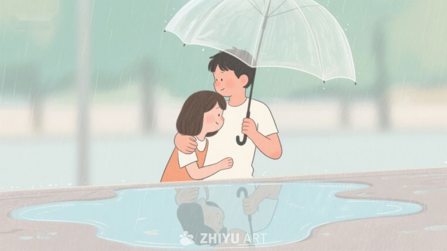 雨中共享透明伞的温馨时刻 650