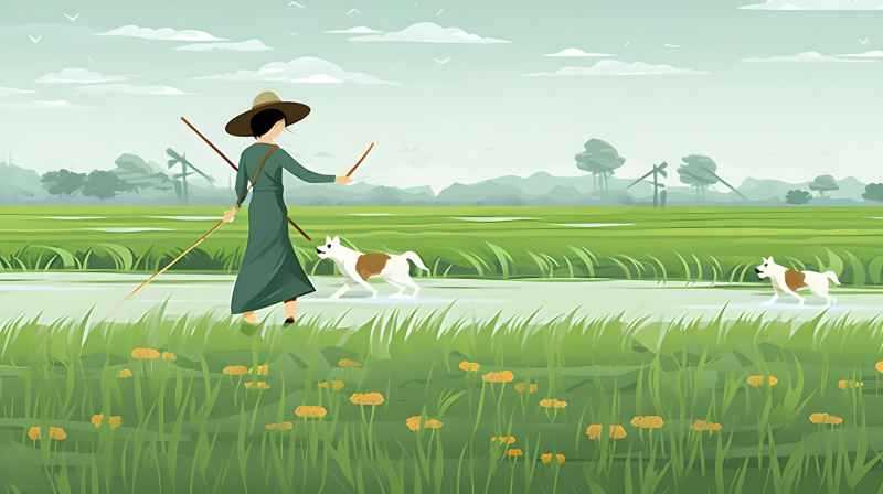 妇女站在稻田与狗，绿色插画风格 2