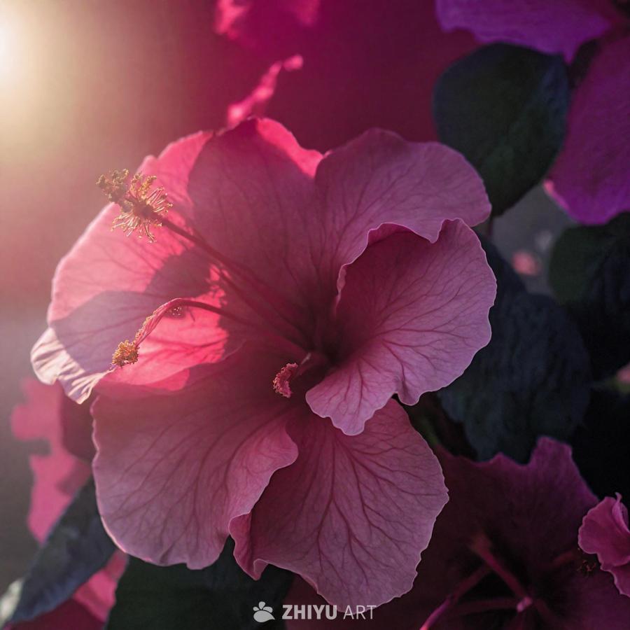一张粉色的花朵特写，可能是芙蓉花，背景阳光明媚。这