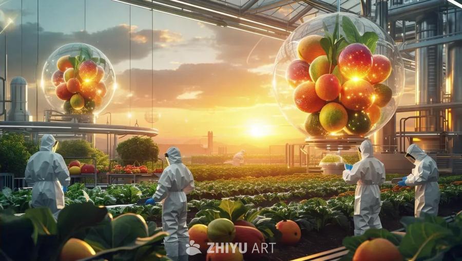 身穿防护服的科学家在配备现代化设备的农田中工作。场