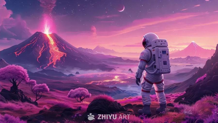 一个宇航员站在一个粉色的星球上，周围是粉色的草地和