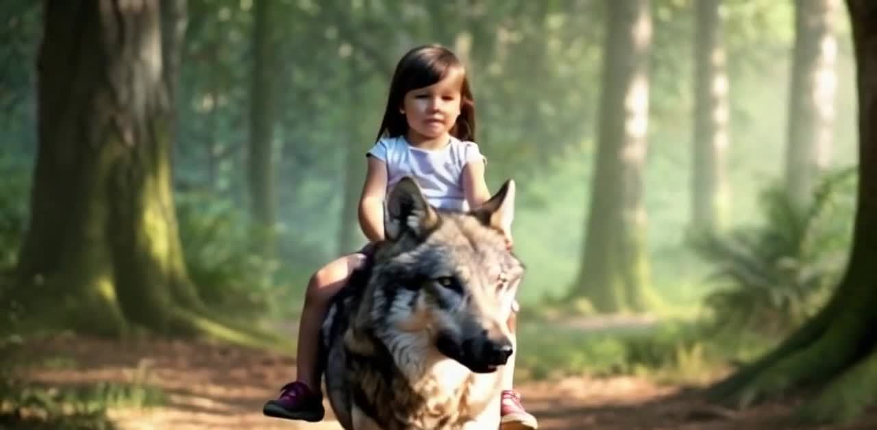 丛林中，一个五岁小女孩骑在一匹银色狼的背上。柔和的
