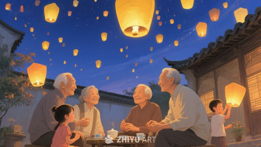 家人共聚夜空放飞孔明灯 426
