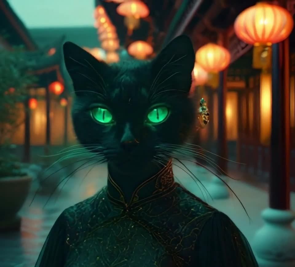 一只黑猫，有着绿色的眼睛，戴着耳饰，穿着一件带有金