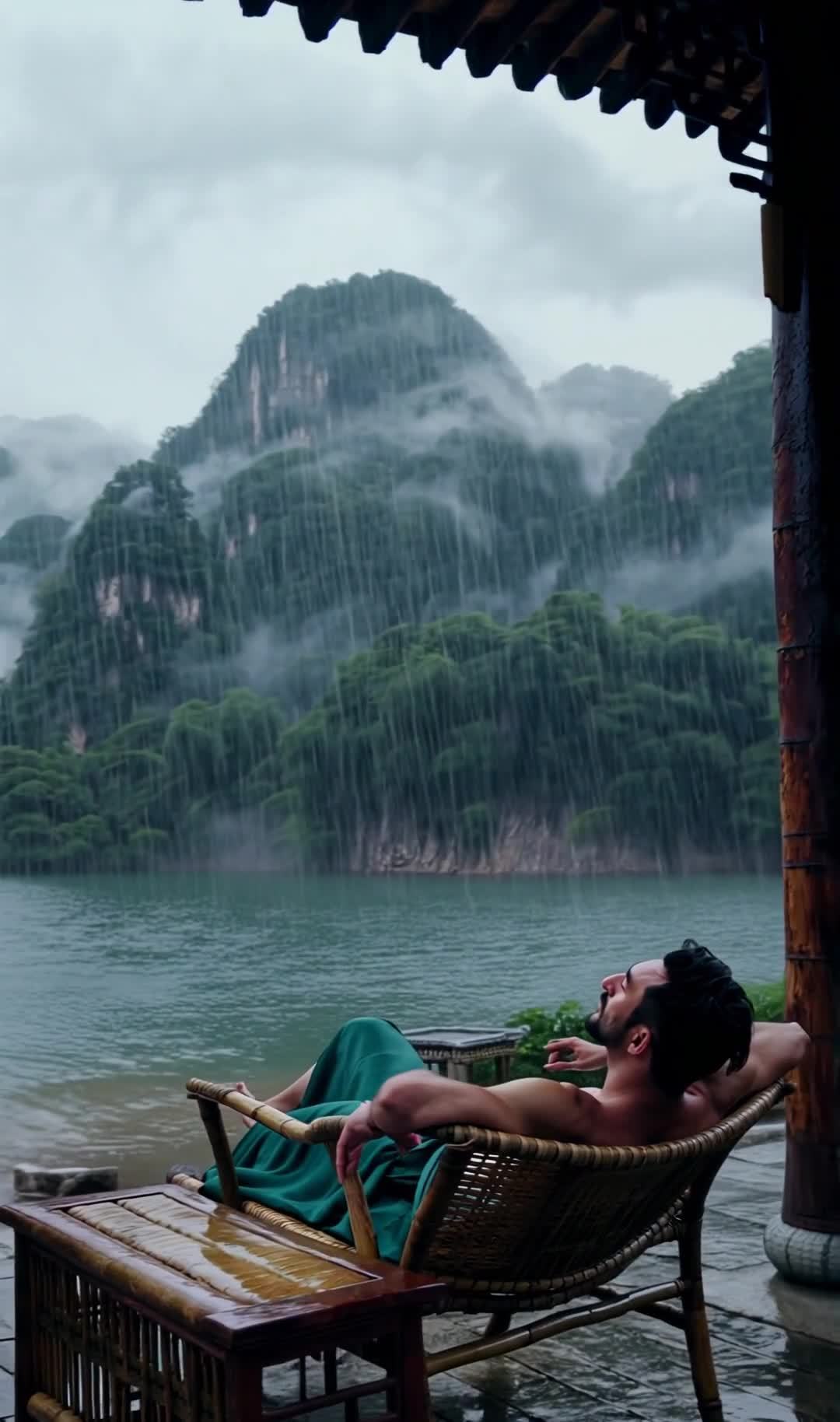 雨中亭阁，男子倚椅观山水，闲适惬意。