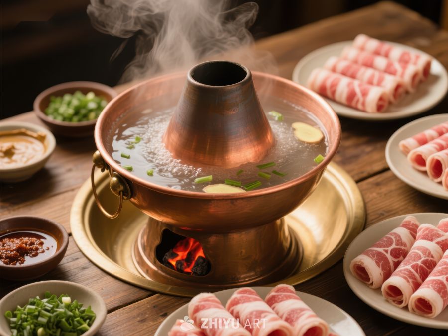热气腾腾的火锅与新鲜肉卷 893