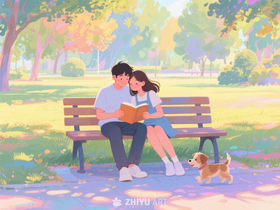 公园长椅上阅读的年轻情侣 237