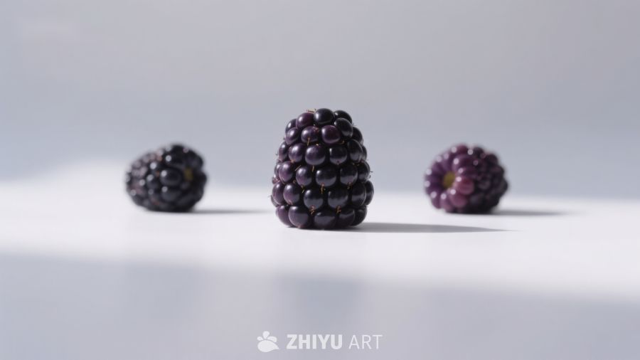 三颗黑莓静置于白色背景 410