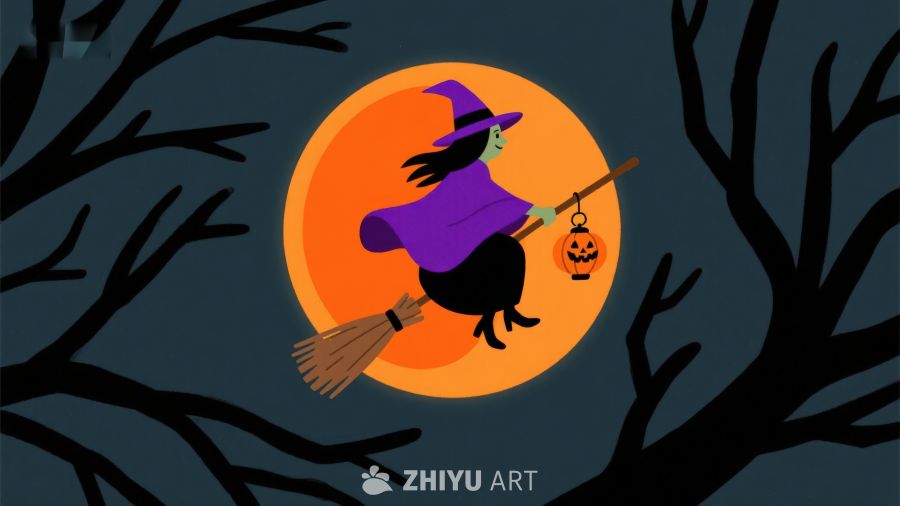 巫师骑扫帚飞过满月