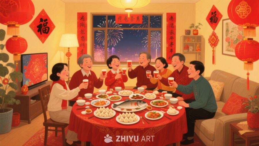家庭围坐餐桌共庆新年 559