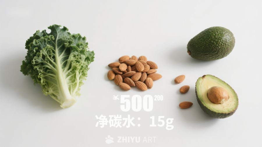 健康食材组合：羽衣甘蓝、杏仁与牛油果