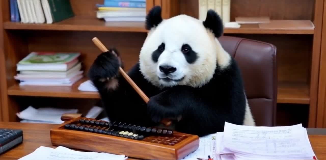 一只熊猫坐在桌子前，正对镜头。熊猫的两只前爪搭在算