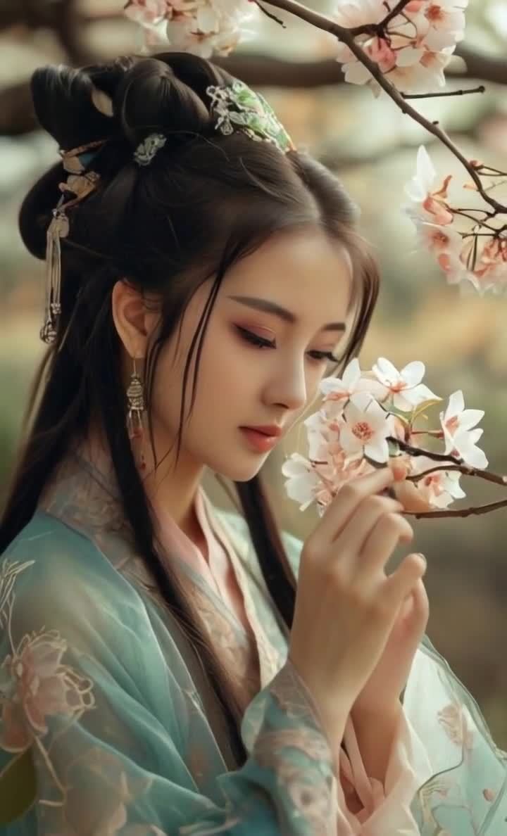 汉服女子轻抚粉白花枝侧颜凝思