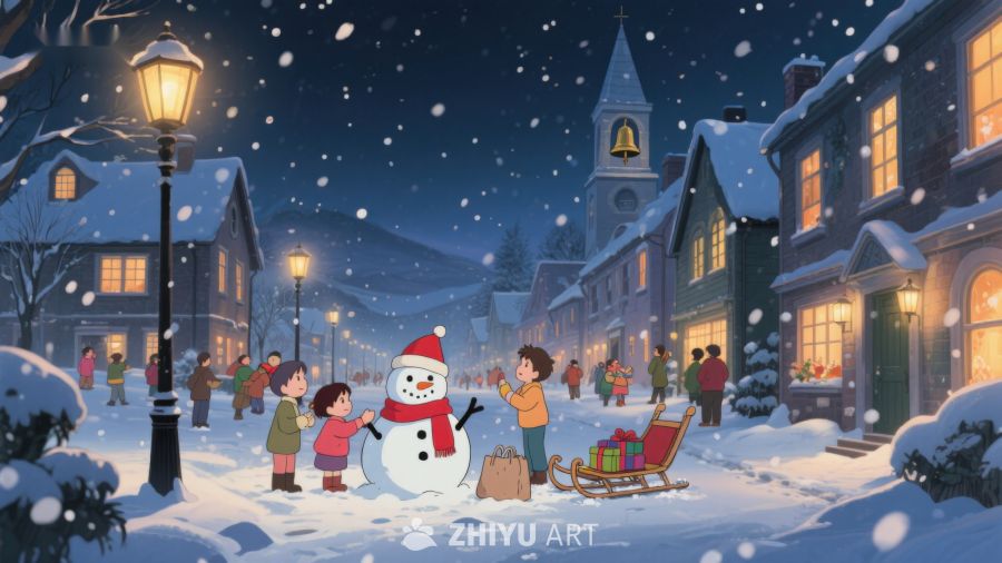 冬夜雪景中的欢乐雪人 110
