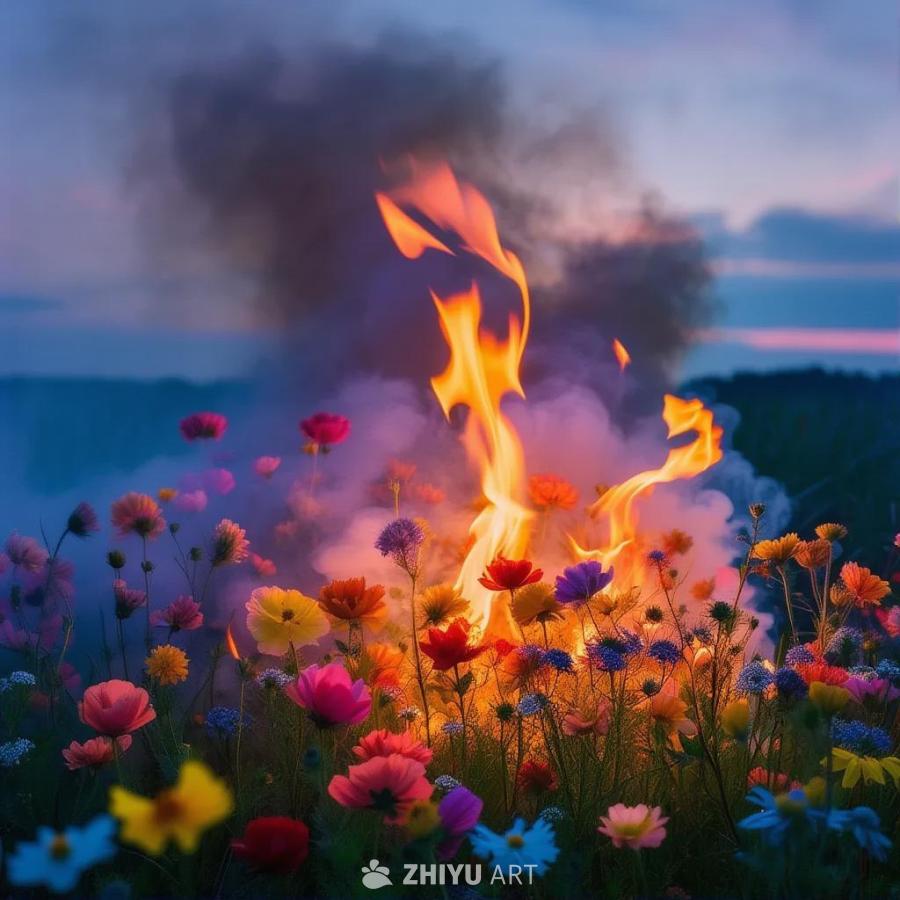 燃烧着的花朵草地，火焰在五彩缤纷的花朵中跳动，烟雾