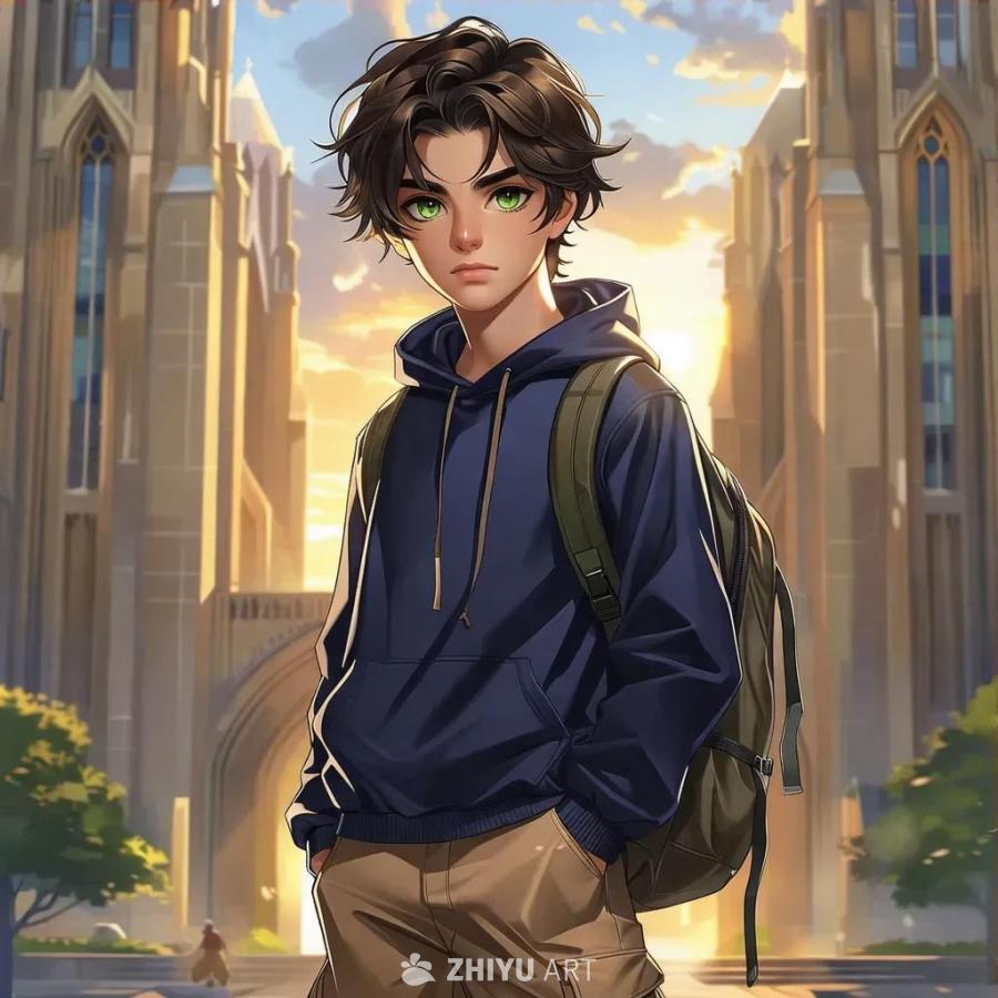 一个有着绿色眼睛、深棕色头发的青少年男孩站在一座大