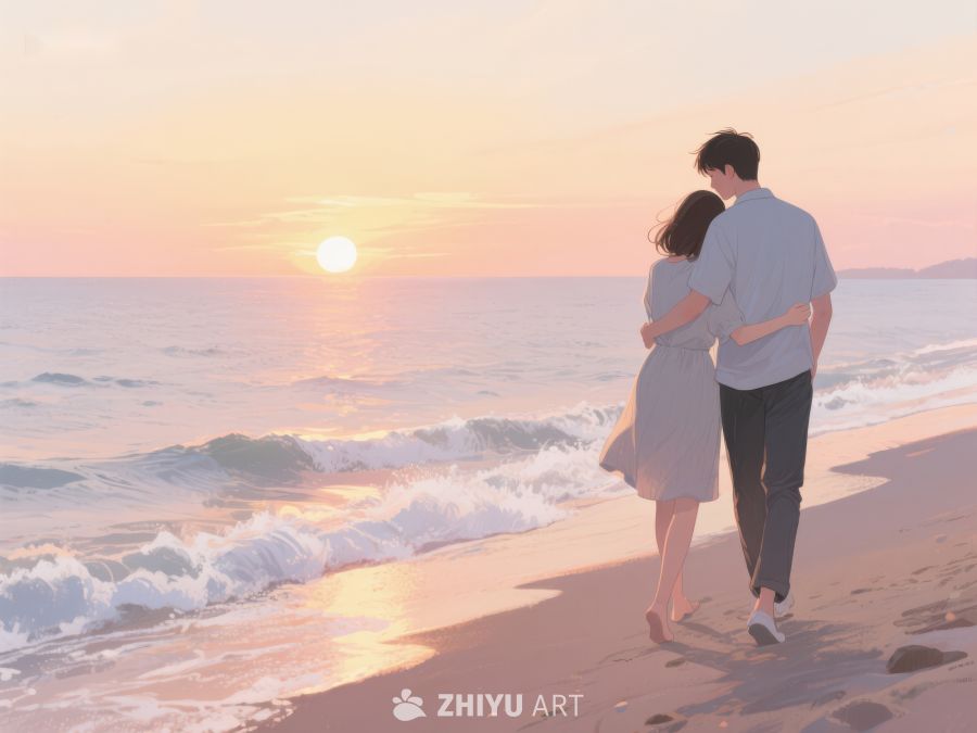 情侣海边漫步，夕阳映照浪漫 536