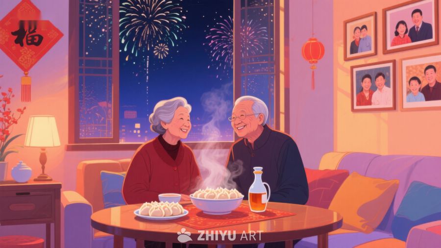 温馨年夜饭，窗外烟花绽放 911
