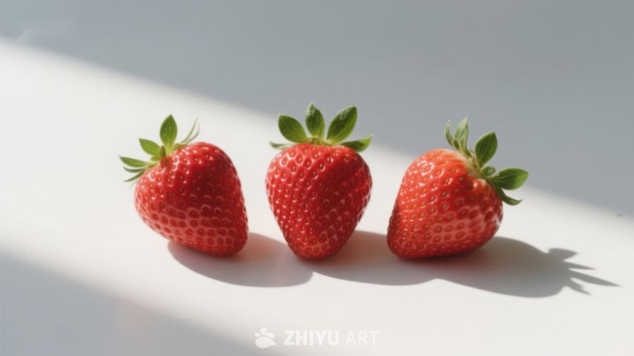 三颗草莓在阳光下的静物图 408